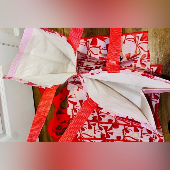 Reusable Shopping Tote Bags Christmas PINK BOWS x5 NWT - Picture 3 of 3